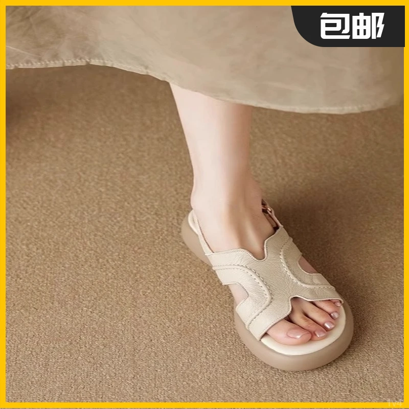 软羊皮手工女鞋2025夏季新款休闲厚底露趾罗马凉鞋女复古舒适百搭