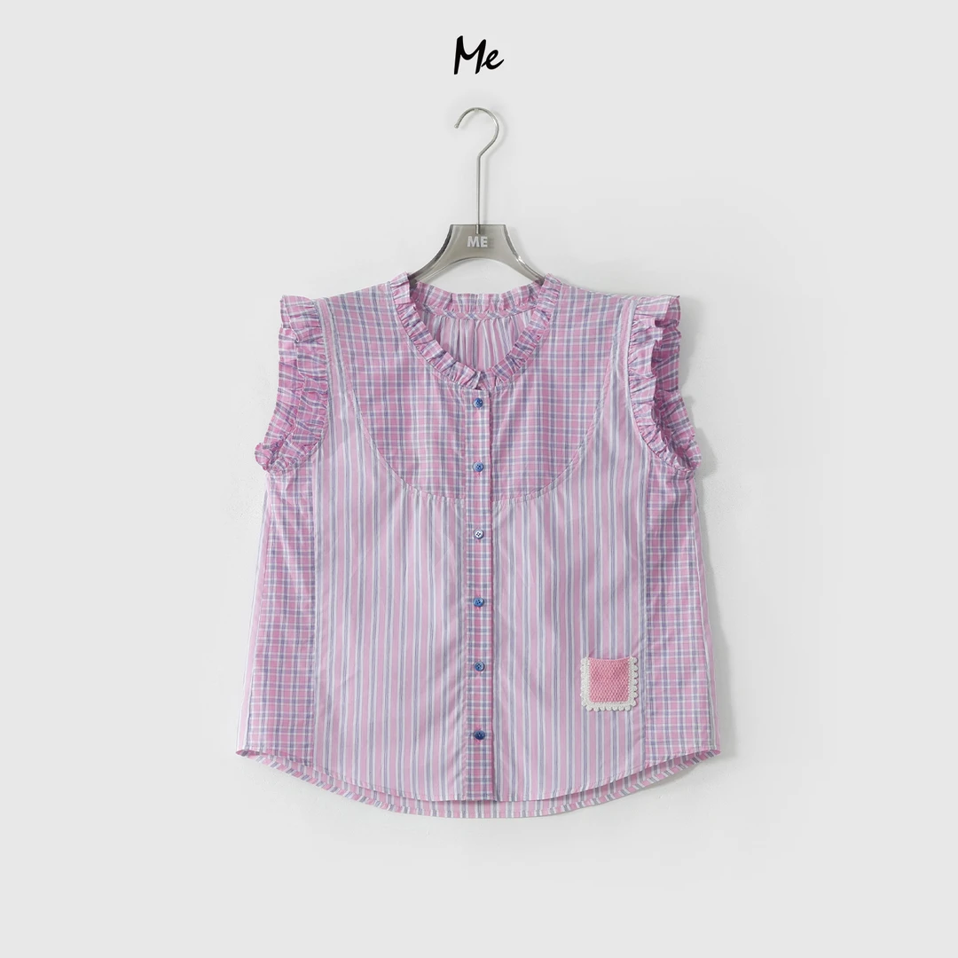 ME【粉格小香荷叶衫】100棉奢牌感木耳边显瘦时尚百搭衬衫MESS6427