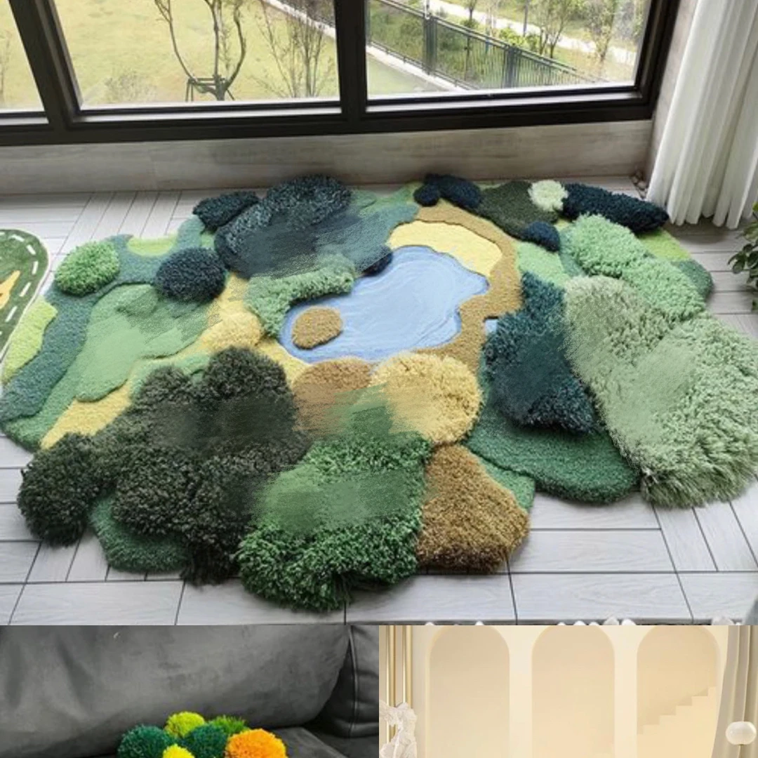 湖泊森林 手工枪刺80*160 客订高端苔藓地毯