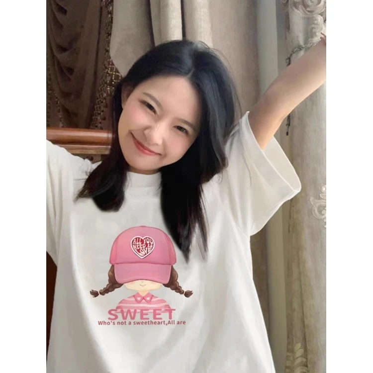 2025夏季新款纯棉白色短袖t恤女欧货时尚印花百搭设计感宽松上衣