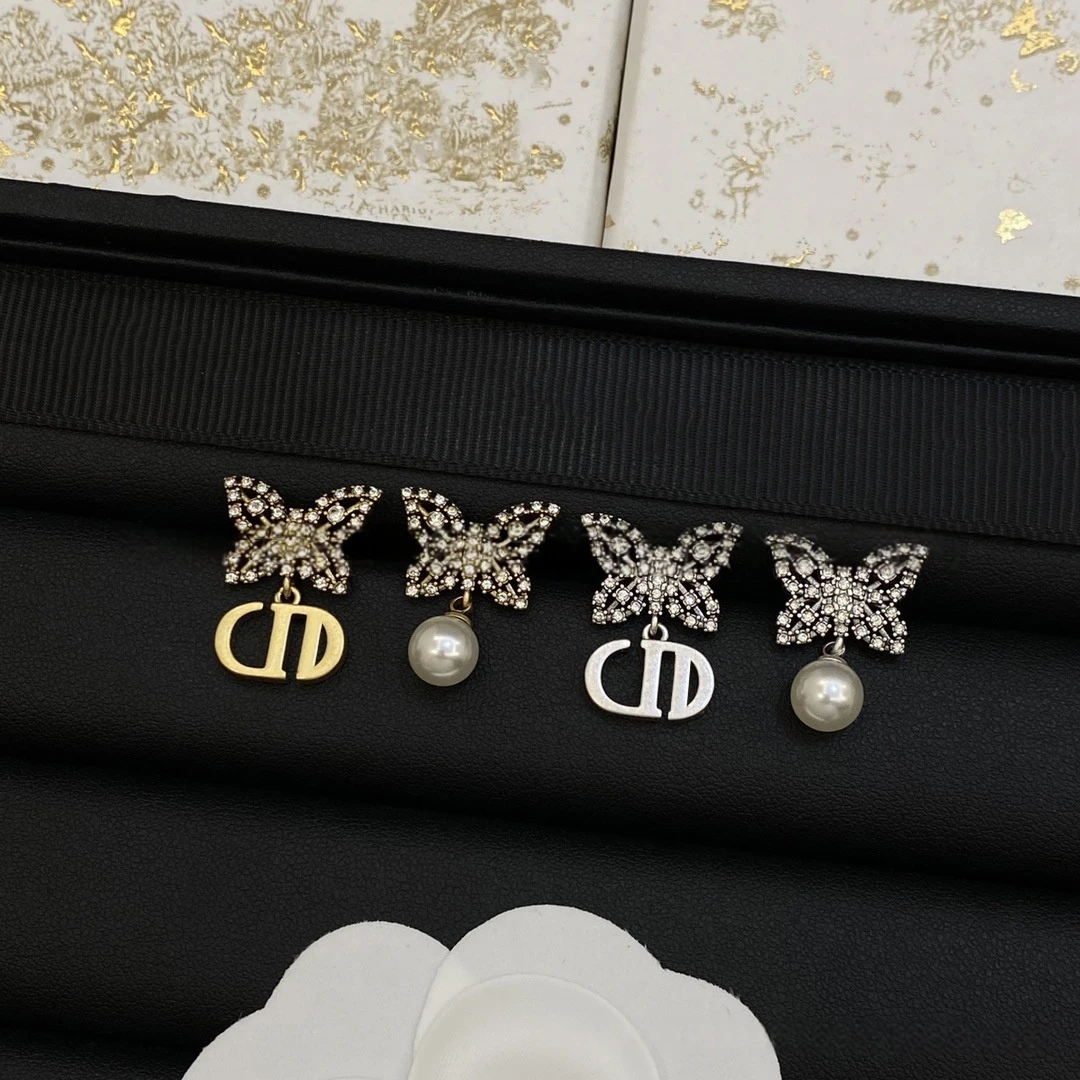 钛钢耳饰 8428-复古镶钻蝴蝶结耳环网红仙女珍珠蝴蝶耳钉ins时尚
