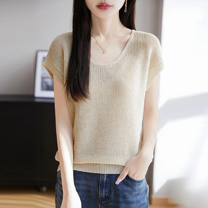 夏季薄款镂空针织衫短袖女2025新款宽松慵懒圆领天丝上衣t恤洋气