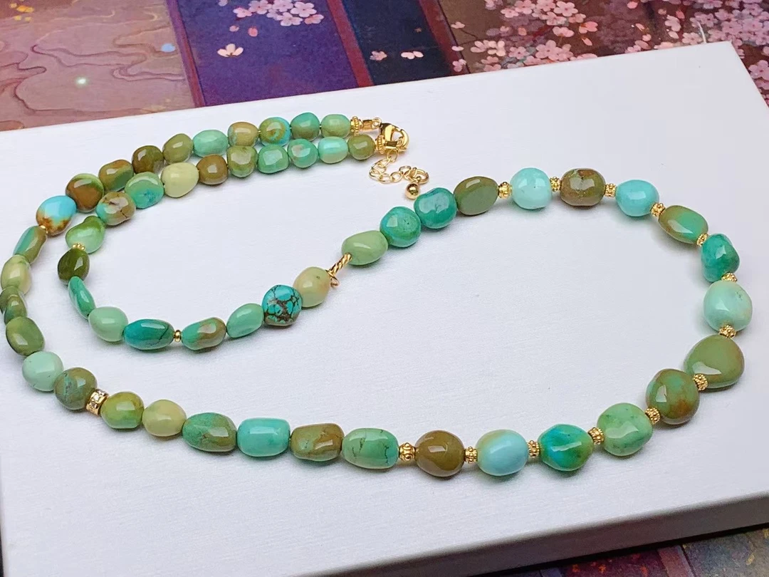 原矿高瓷特色三彩糖豆绿松石锁骨项链，直径6-10mm，长度42cm