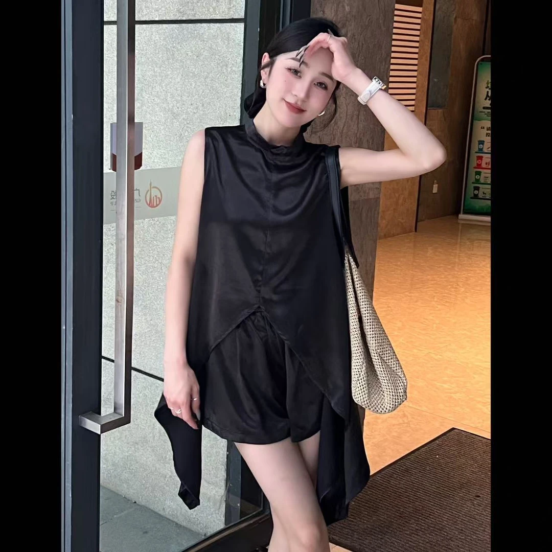 TANMEI 时尚套装套装夏季无袖时尚黑色长款不规则气质