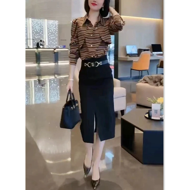 春季新款翻领长袖衬衫高腰包臀裙修身显瘦女