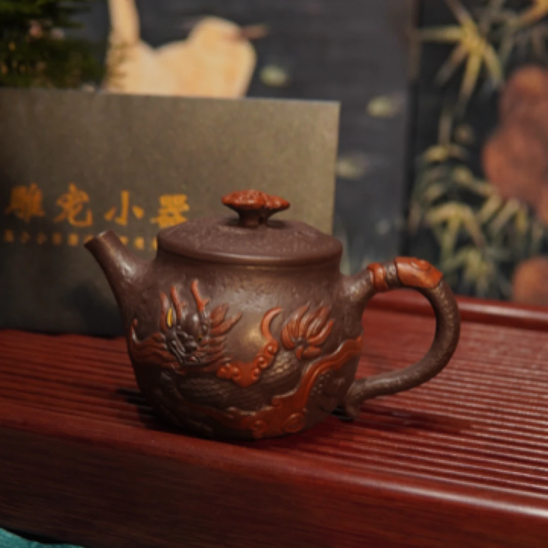 麒麟献瑞｜宜兴精工浮雕麒麟老紫泥紫砂壶名家收藏