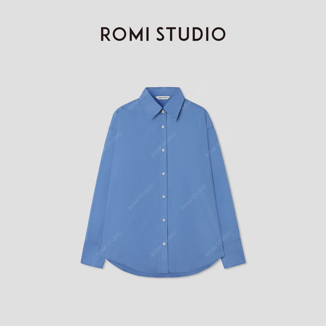 ROMI STUDIO“复古腔调”100匹马棉克莱因蓝挺括宽松衬衫RWCRSY3590