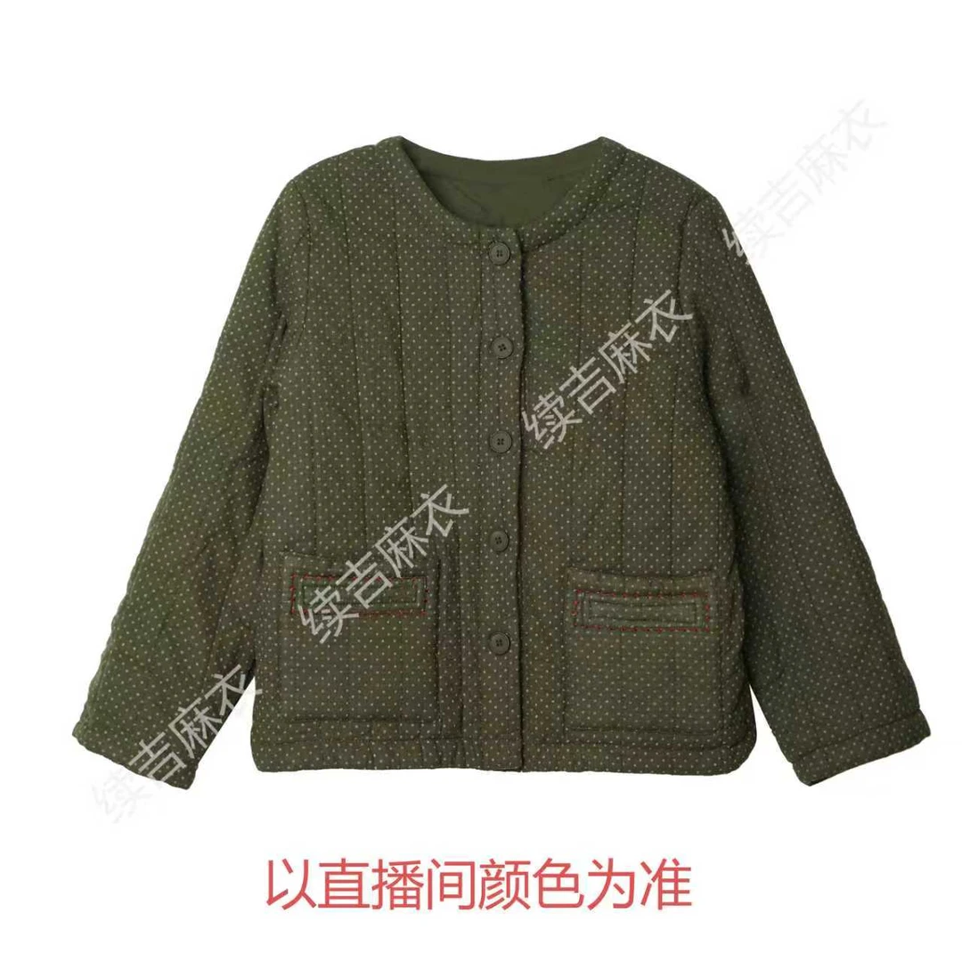 冬-续吉麻衣25-2617【点点青】棉圆领长袖单排扣复古百搭休闲棉衣