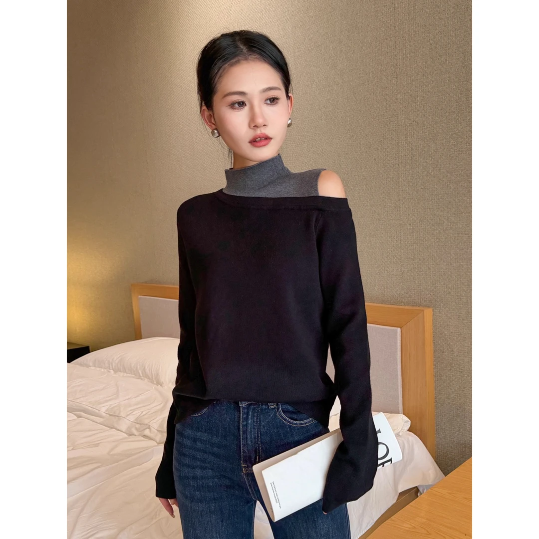 半高领假两件露肩黑色打底衫女内搭秋冬撞色毛衣长袖针织上衣减龄