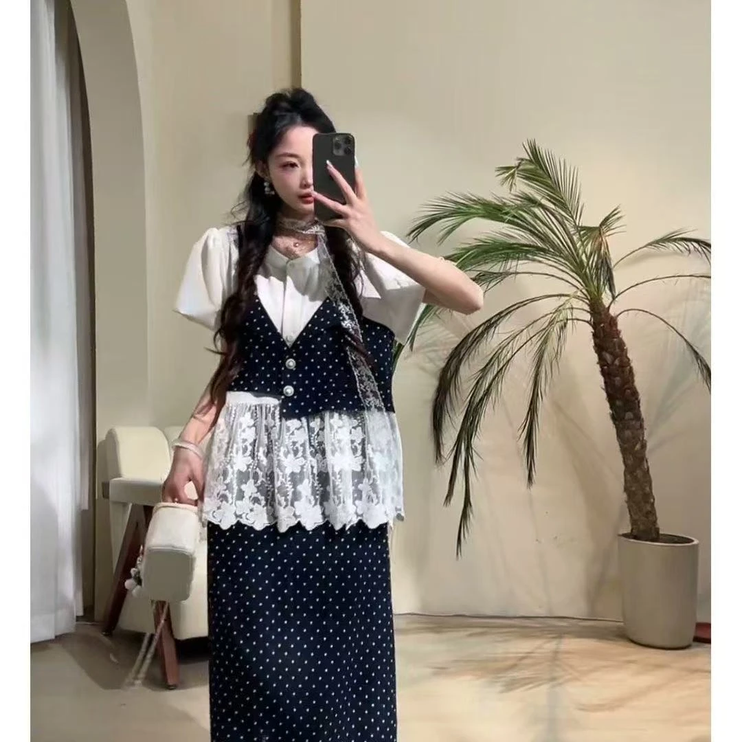2025韩系新款假两件拼接上衣+半身裙两件套女圆点奇迹套装甜美ins