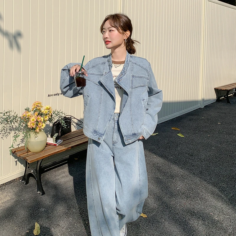 美式时尚休闲牛仔套装女春季2025新款高级感夹克外套阔腿裤两件套