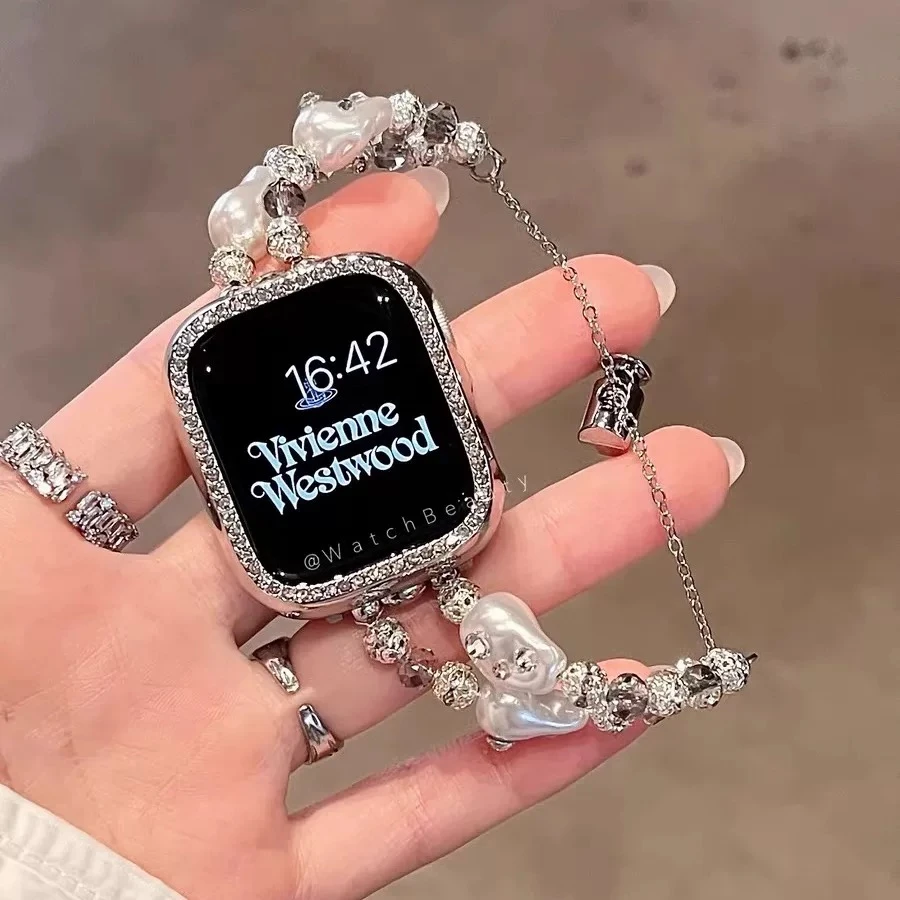 适用苹果/华为/小米手表iWatch表带小香风彩钻珍珠applewatch链条