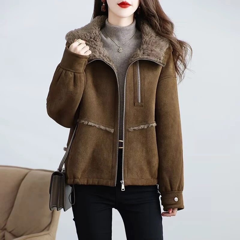 冬季新款海宁颗粒绒皮草外套女短款加厚拉链保暖连帽羊羔毛大衣潮