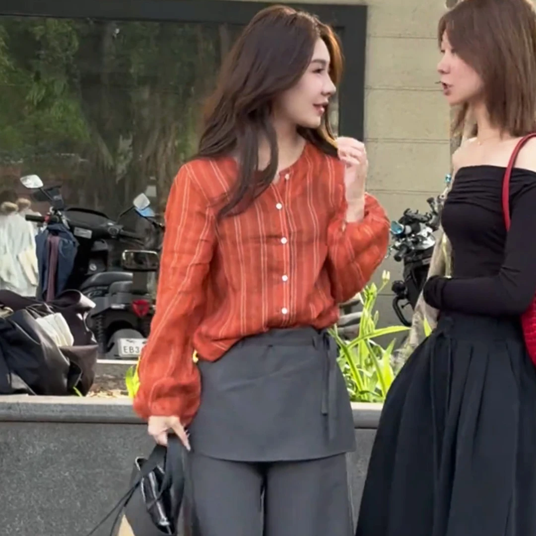 苎麻防晒衬衫薄款轻奢高级感新款爆款圆领红色条纹上衣女夏季