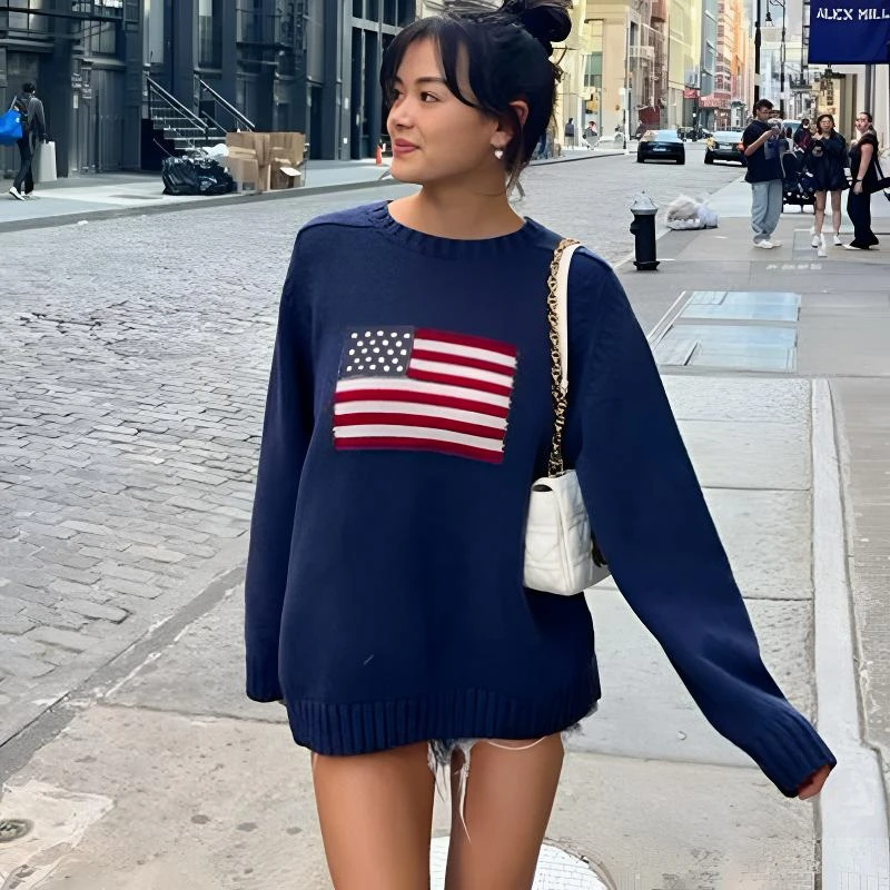 欧美风2025秋冬气英伦风国旗针织衫女休闲百搭上衣mm显瘦长袖毛衣