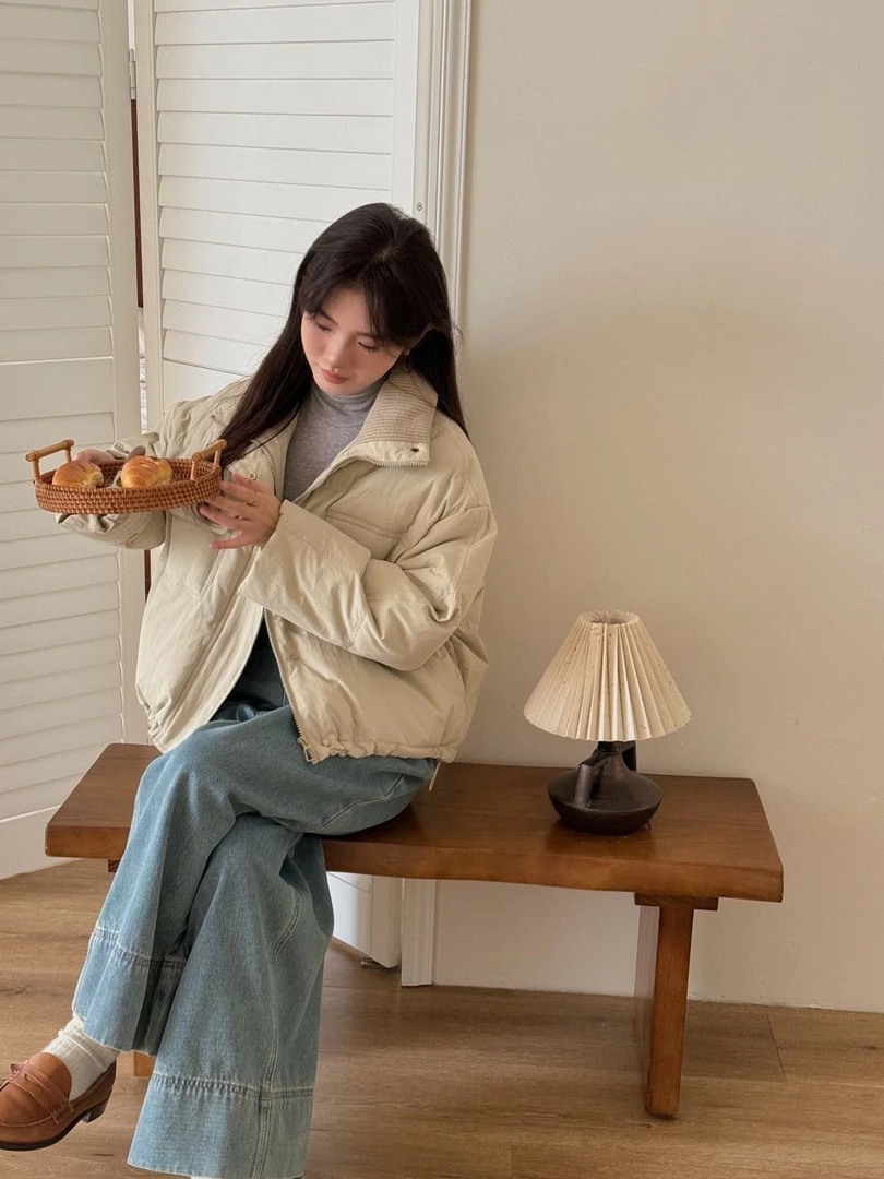 轻职风拉链厚款短款纯色工法式反季女款白鸭绒羽绒服加厚韩版立领