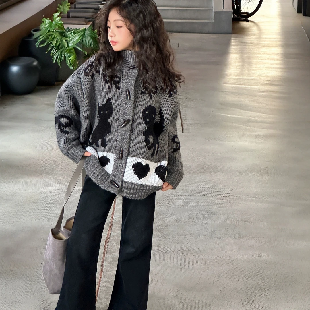 韩系高品质女童秋冬猫咪毛衣开衫5-14岁女孩中大童洋气宽松时尚