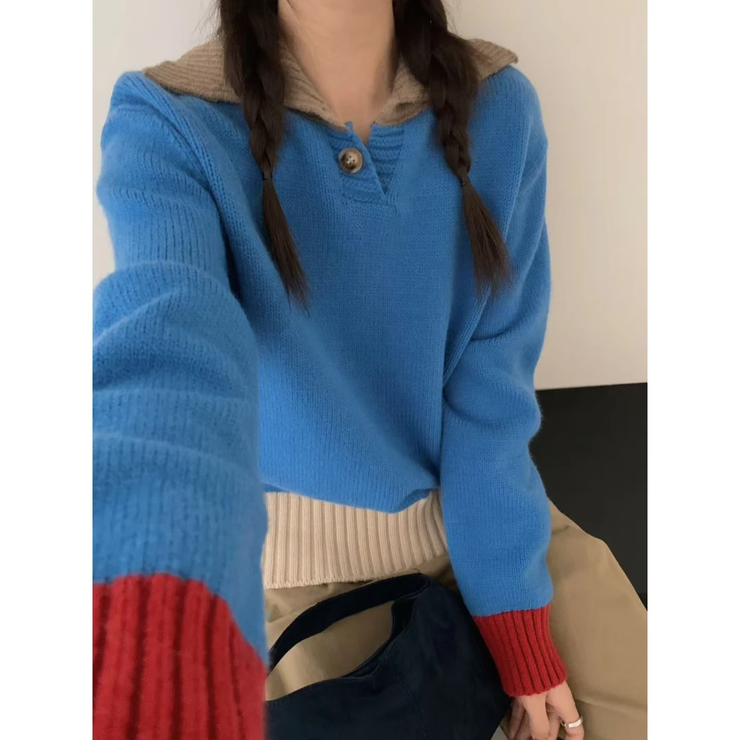 韩系风复古撞色设计感套头毛衣女秋冬新款时尚减龄Polo领针织衫