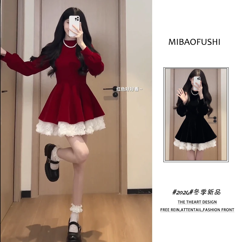 秋季穿搭一整韩版2025跨新圣诞红色连衣裙高级感裙子