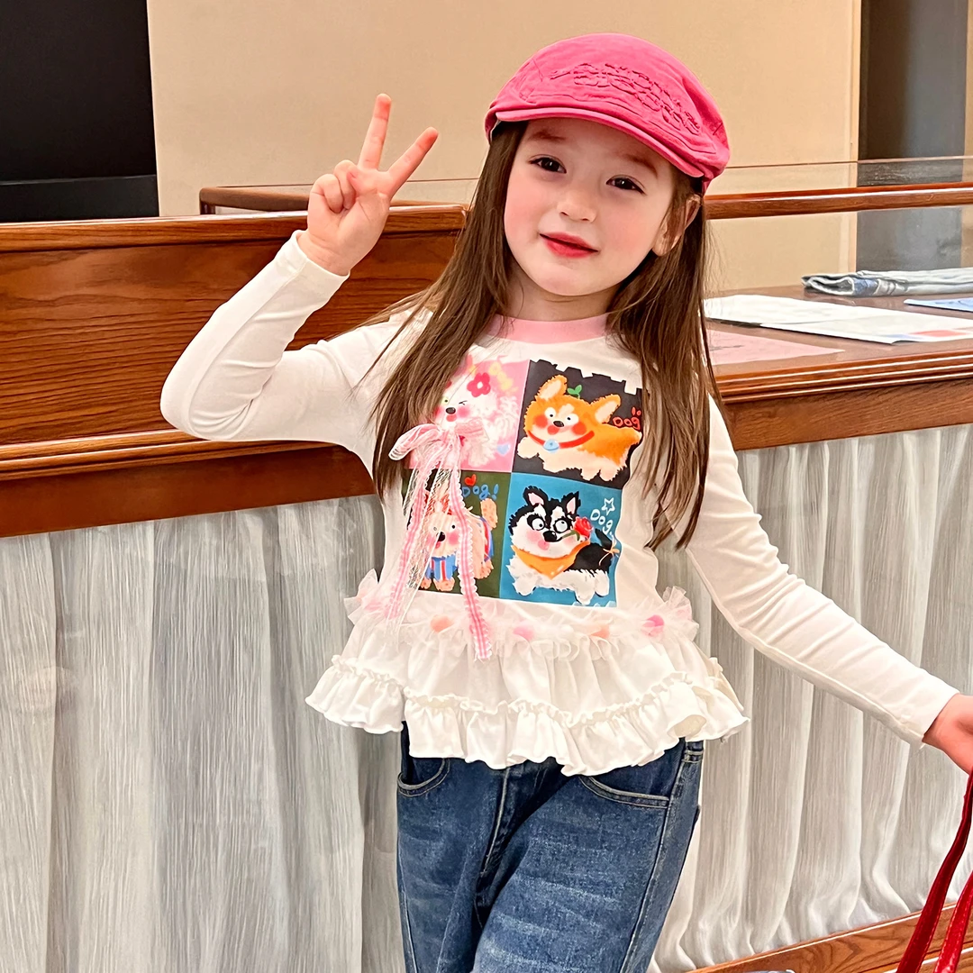 【大清仓】女童装卡通印花上衣秋季新款儿童女宝甜美花边长袖T恤
