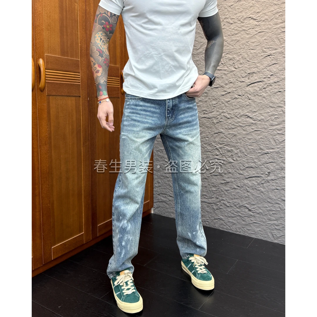2025早秋新款时尚休闲直筒宽松男士泼墨牛仔裤3050