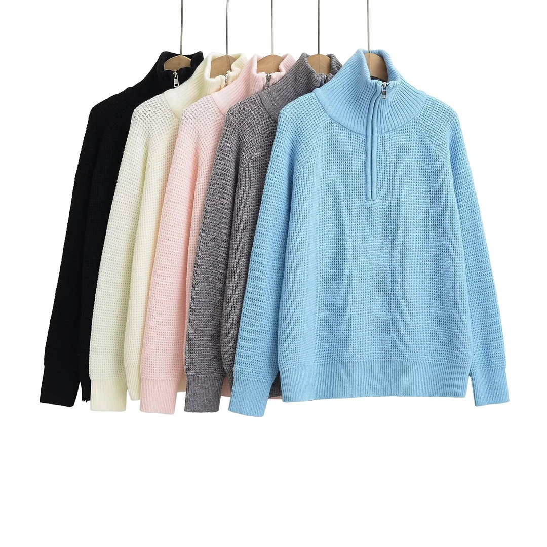 2509 华夫格松弛半拉链针织套头衫上衣