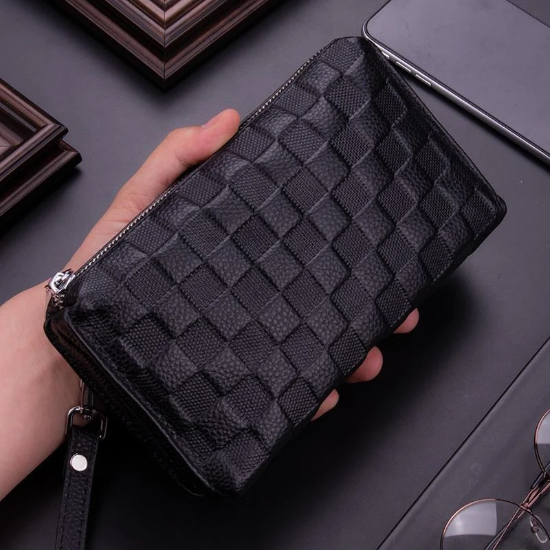 高档轻奢真皮手包男手拿包男款手拎包男士手抓包软牛皮格子大牌时