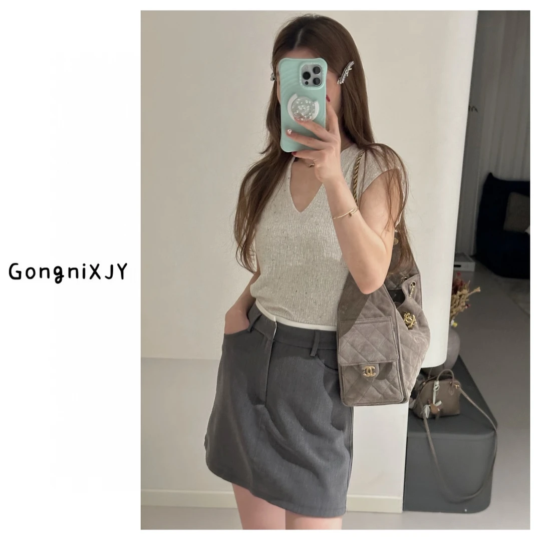 【LINA·GXY】柠檬芝士洋气V领无袖针织上衣