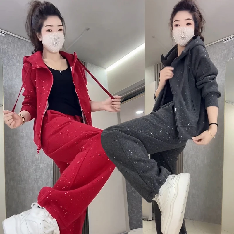 秋冬加绒减龄宽松百搭连帽卫衣网红显瘦阔腿裤洋气休闲运动套装女