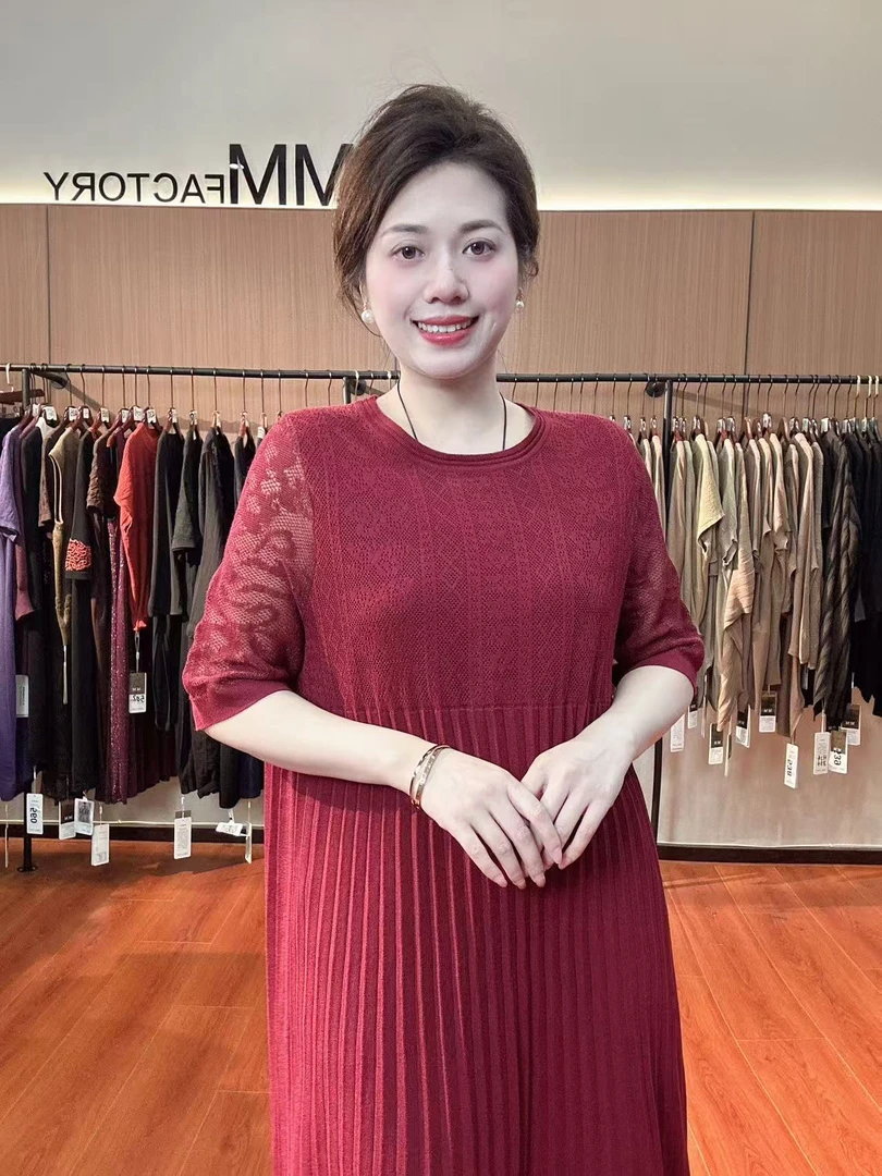 8207  麦麦春夏季 洋气妈妈纯色简约气质短袖薄款连衣裙