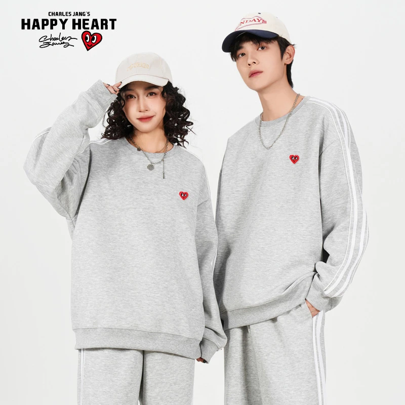 查尔斯桃心 条纹圆领卫衣男女同款情侣休闲百搭时尚宽松潮流