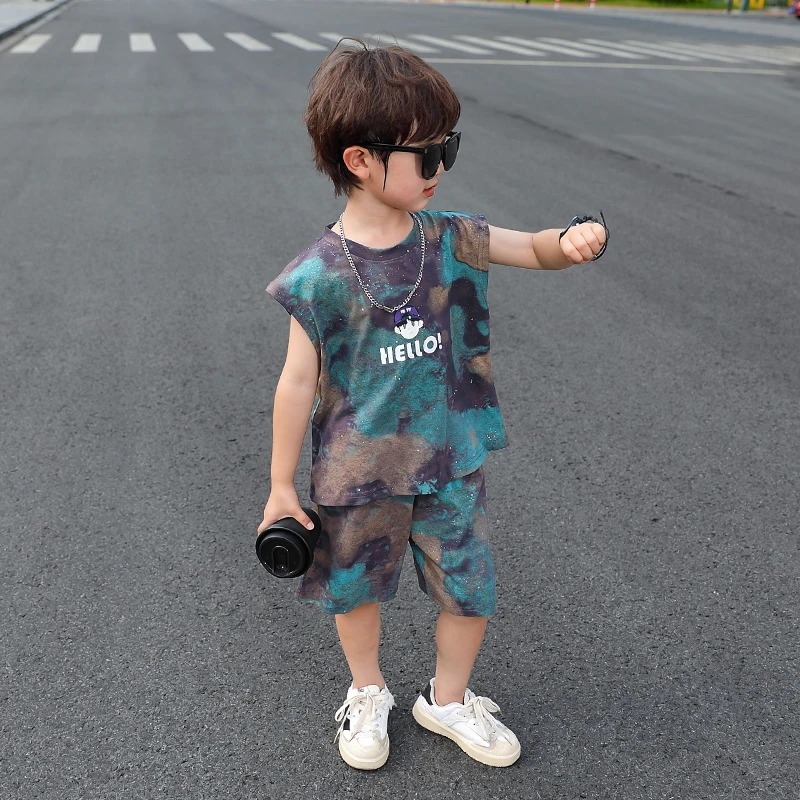 洋气迷彩套装无袖薄款韩版男常规男童夏季卡通风