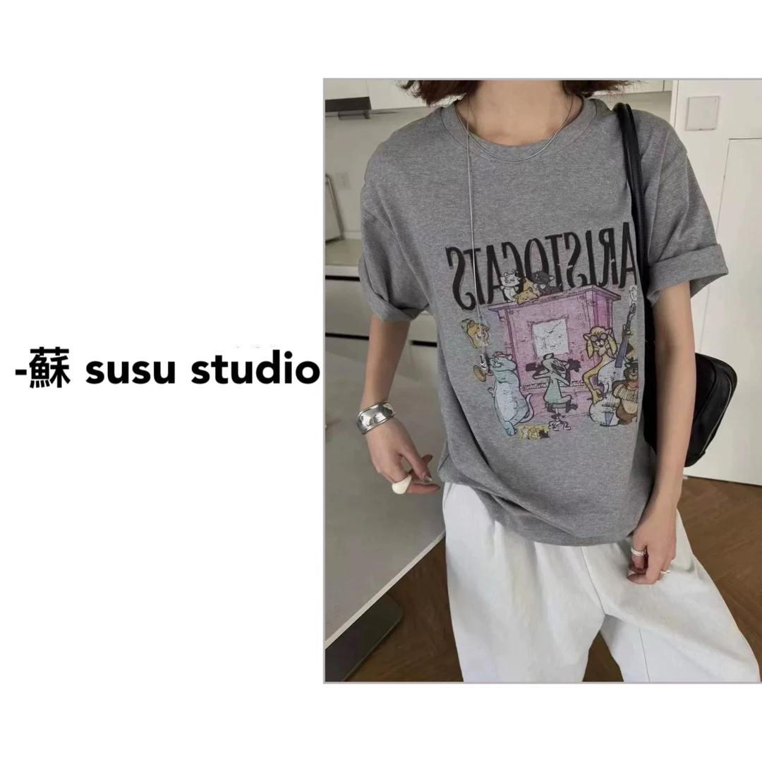 韩系复古休闲卡通字母印花短袖t恤女2025夏季宽松圆领打底衫098X