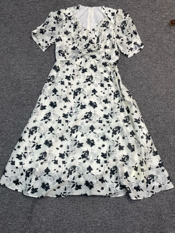 moxie-85100夏季法式V领碎花中长款连衣裙收腰显瘦气质时尚