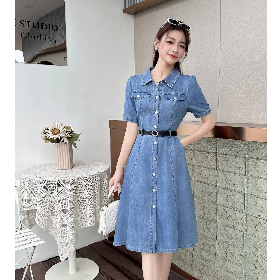 ASY/法式收腰中长款牛仔连衣裙2025春款气质洋气蓝色复古遮肉中裙