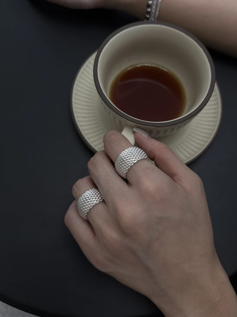 925银戒指 纯银镂空网格戒指小众设计高级感个性食指戒开口可调节