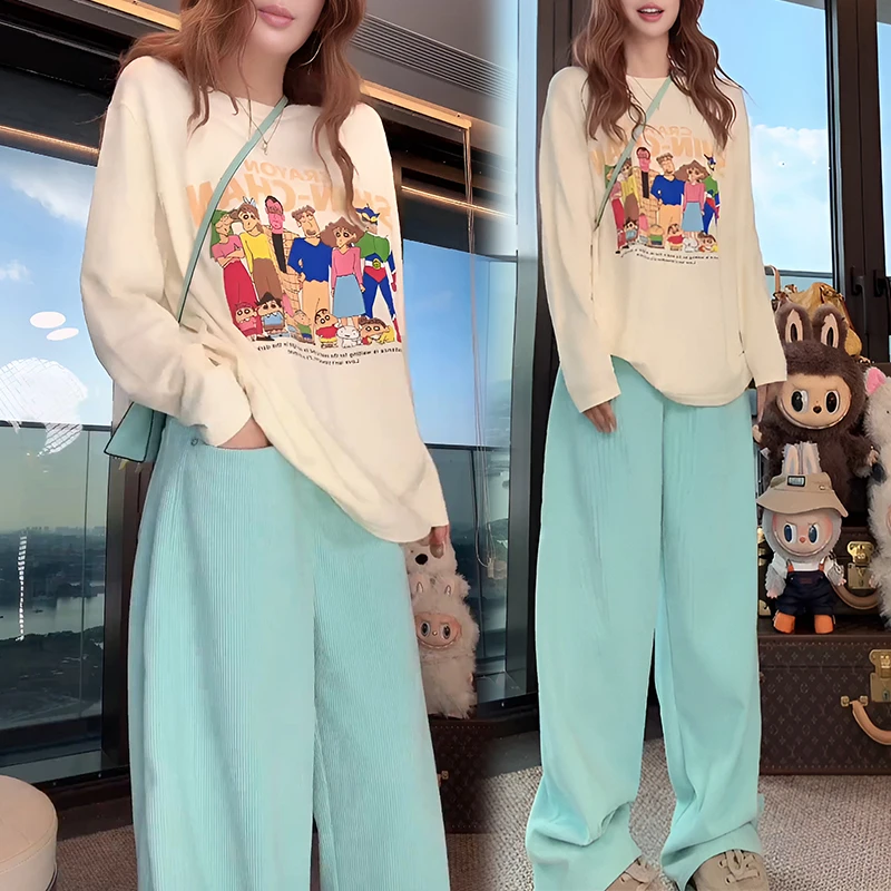 chic高级感套装女2025冬季新款图案印花长袖T恤阔腿休闲裤两件套