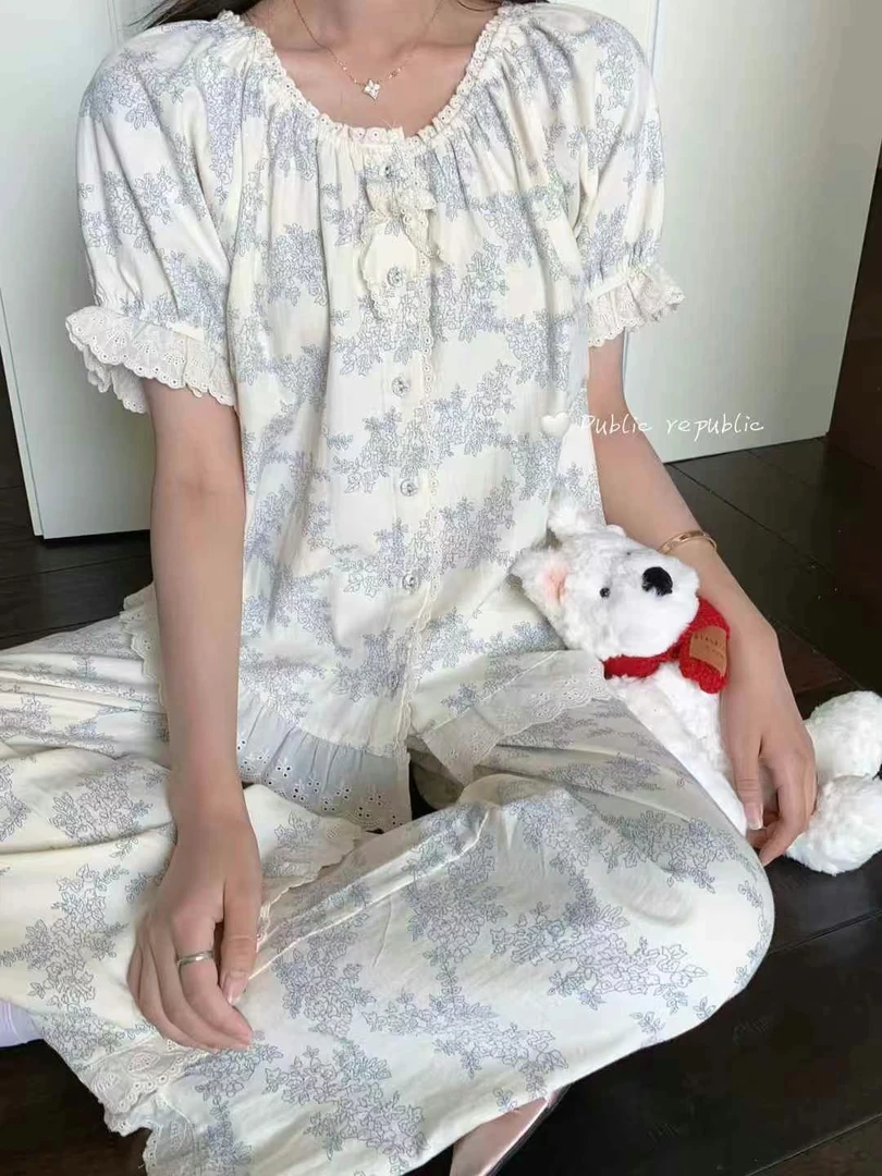 韩货纯棉夏季新款 短袖长裤蓝碎花睡衣 甜美气质家居服