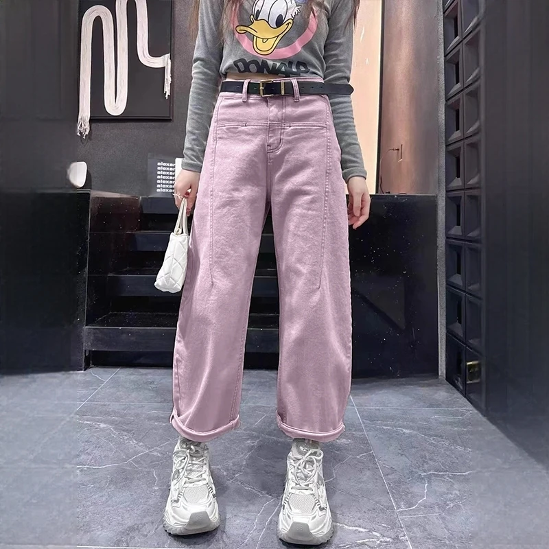 美式脏粉色九分弯刀香蕉牛仔裤女大码胖mm梨形身材小个子阔腿裤