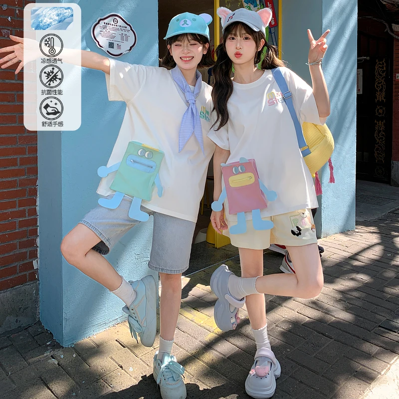 森女部落原创圆领宽松卡通口袋设计感上衣短袖女t恤2025新款夏季