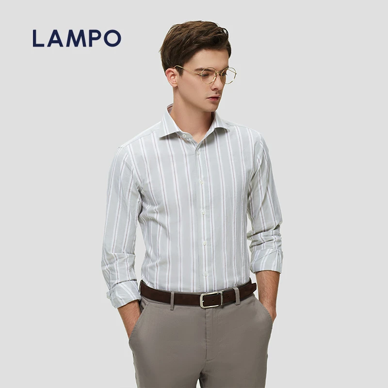 LAMPO/蓝豹【进口面料】春夏季男士衬衫条纹透气绿色简约舒适时尚