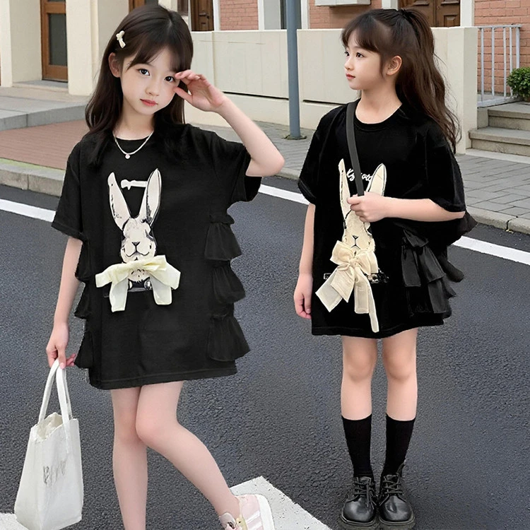 女童T恤裙2025夏款中大童短袖兔子蝴蝶结花边中长款宽松甜美风