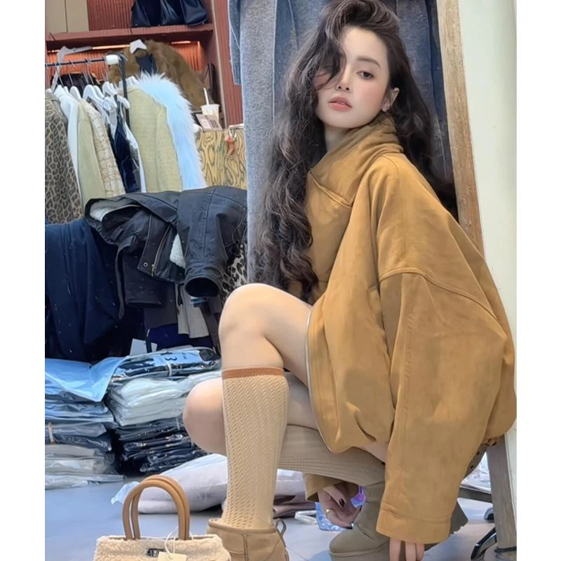 美式复古带围脖小个子短款拉链外套女冬季高级感爆款围脖夹克上衣