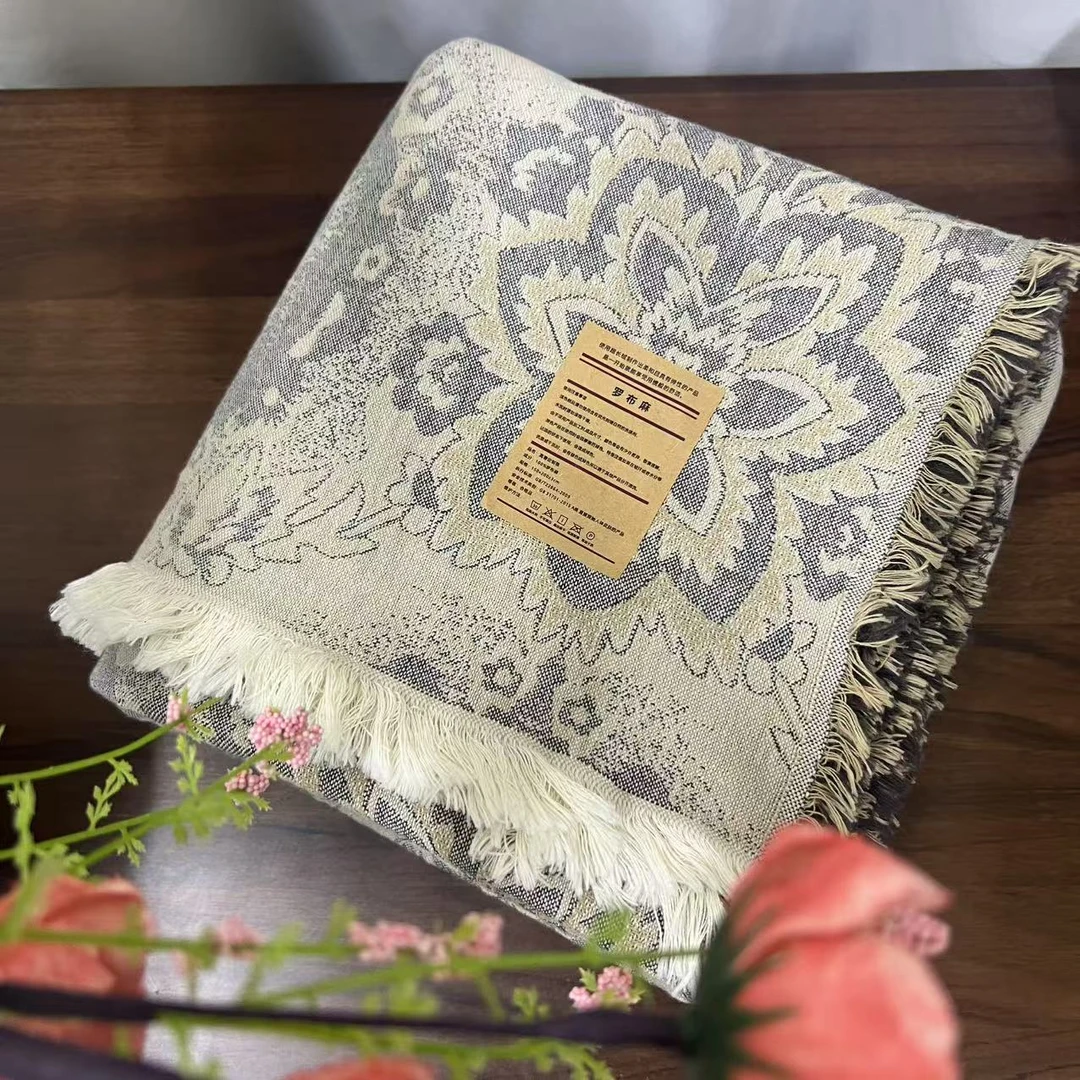 欧式花影-灰色流苏罗布麻纱布毯150*200cm