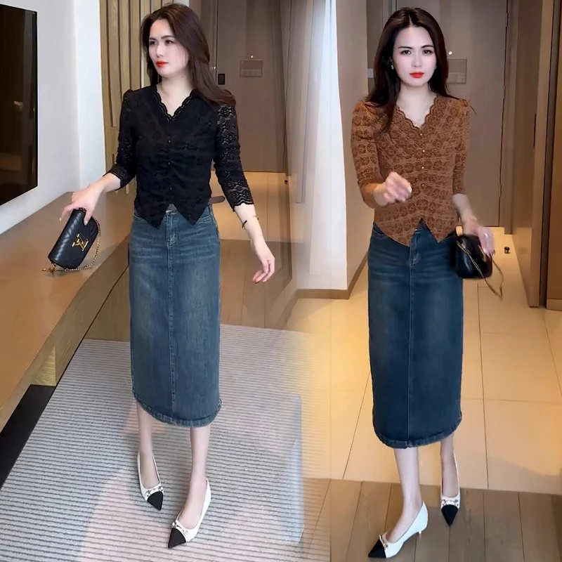 时尚套装裙女2025春季新款洋气显瘦V领蕾丝衫牛仔半身裙两件套裙