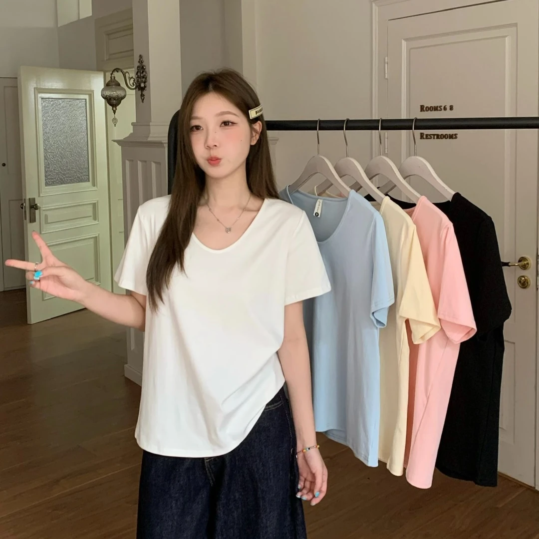 【余余专属】大码胖mmV领纯色短袖T恤女春夏新款宽松显瘦休闲风