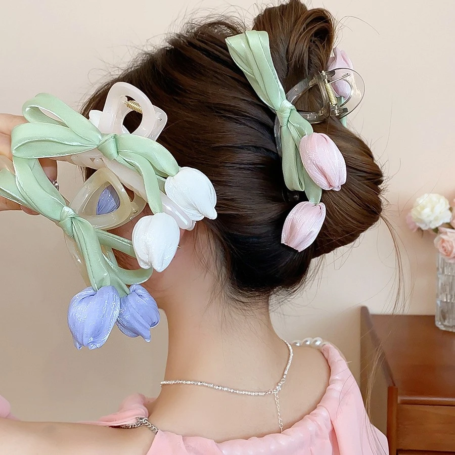 布艺网纱蝴蝶结郁金香发夹抓夹女后脑勺盘发鲨鱼夹小清新发饰头饰