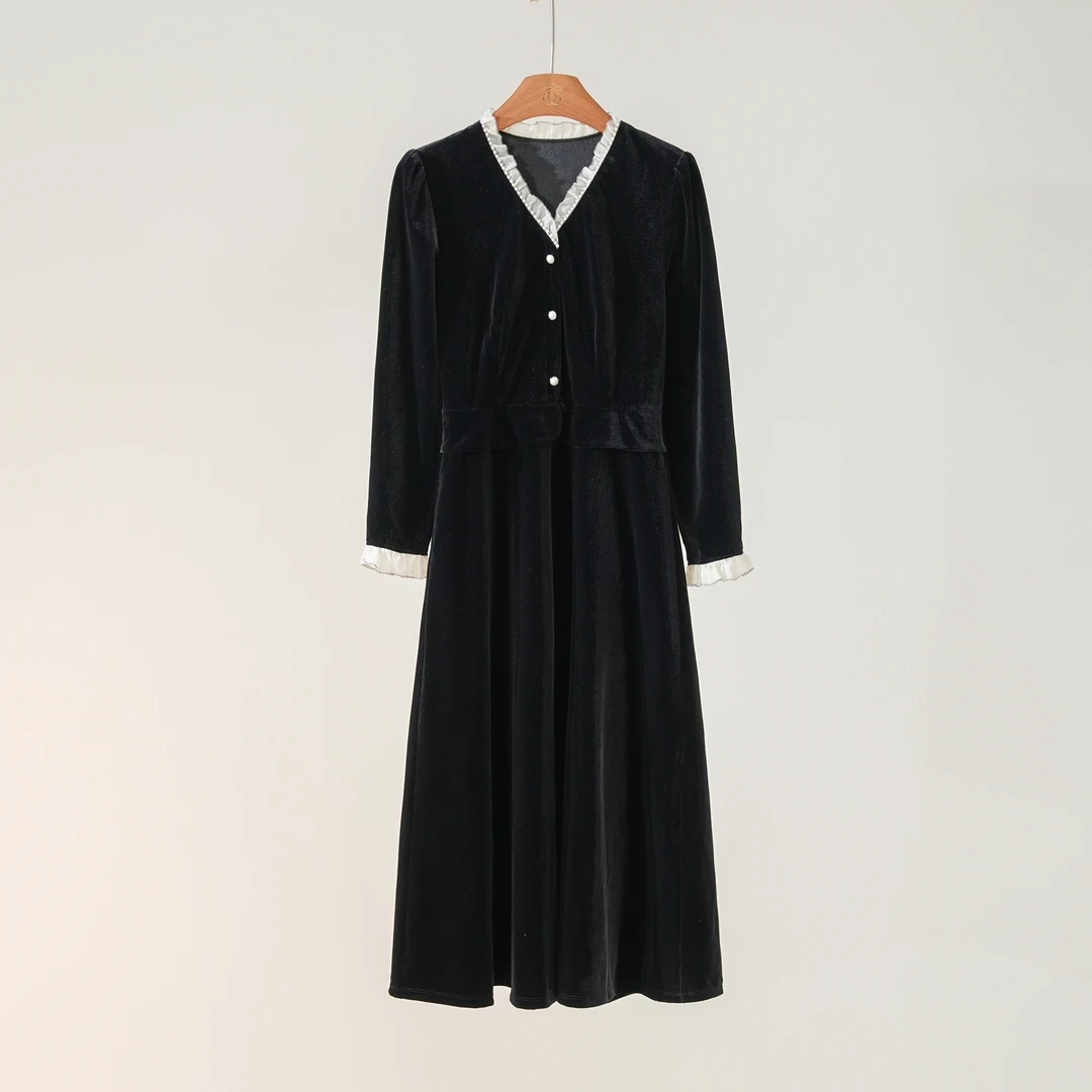 西子/【流星雨】丝绒精致优雅贵气V领拼木耳边显瘦连衣裙/CQYF0257