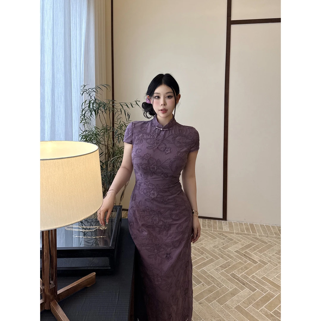 黑泽玄七“玉思黛”/品牌特定染 水溶绣花 新中式小盖袖旗袍裙