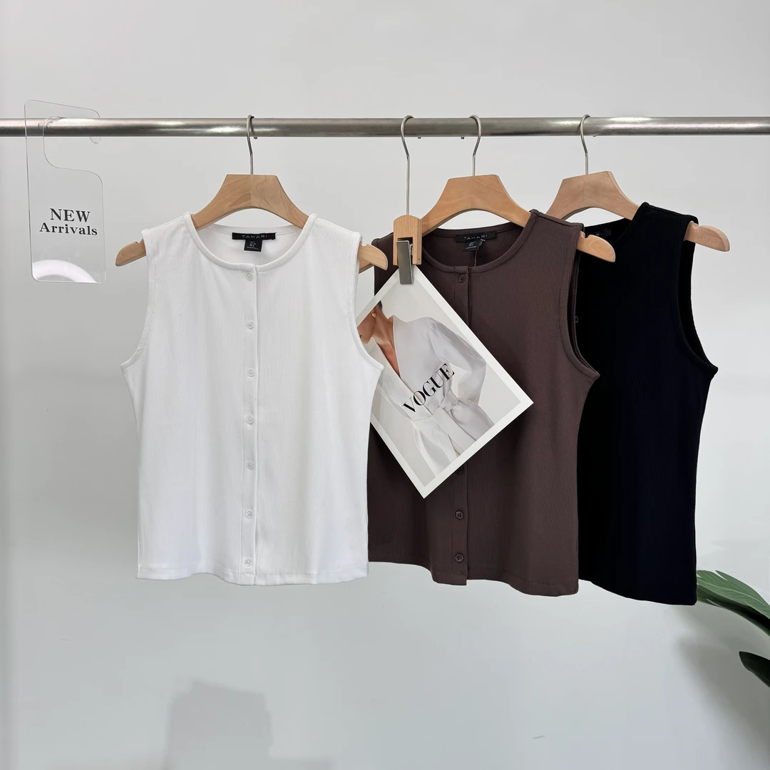 B331夏季舒适凉爽背心吊带休闲百搭简约纯色打底上衣无袖纽扣通勤